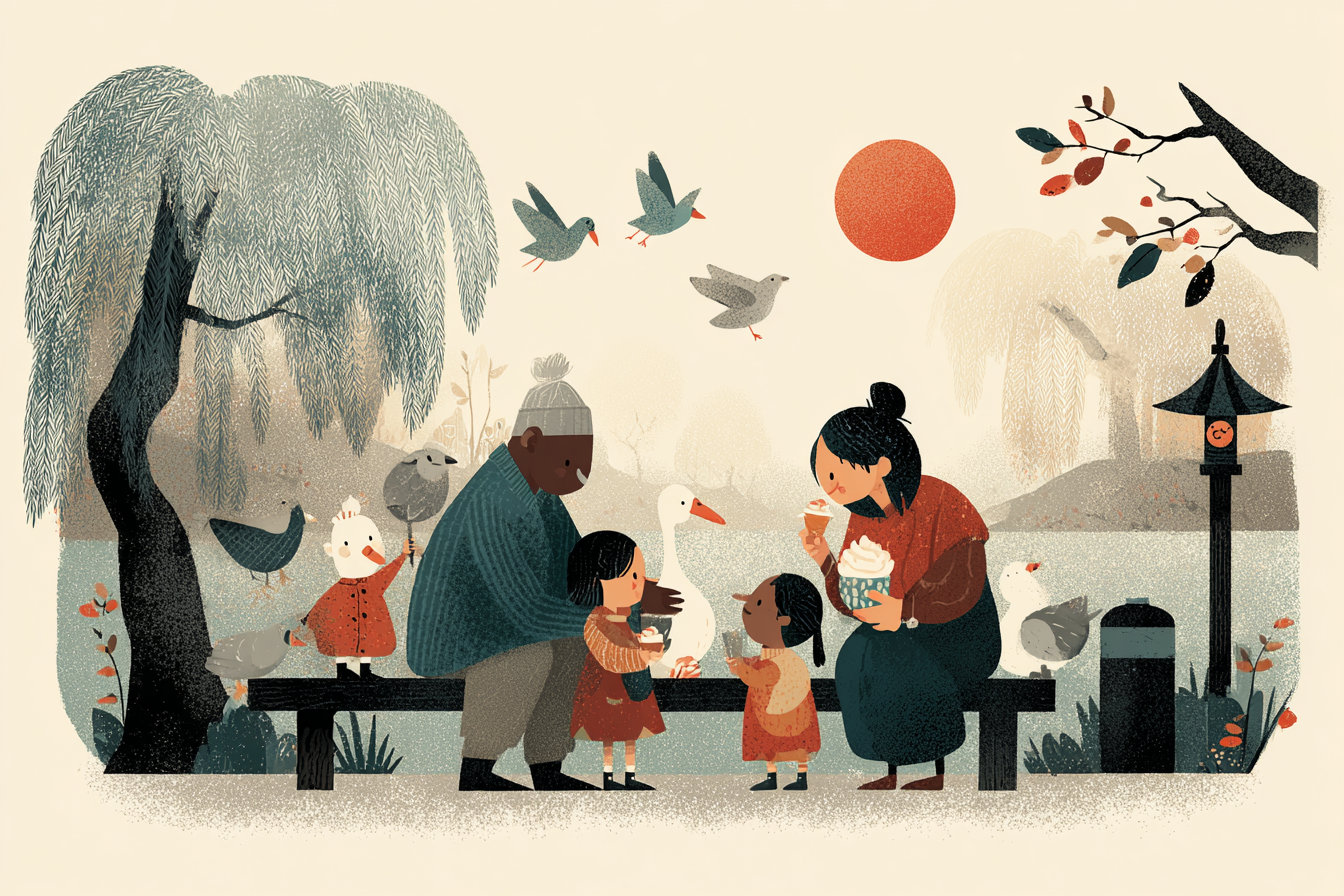 A family spending a peaceful day by the pond