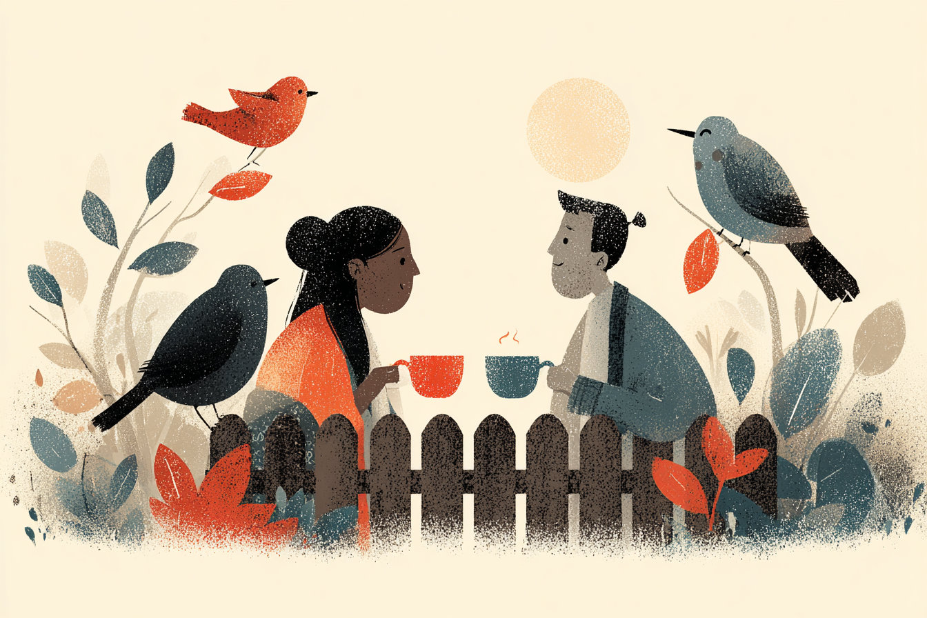 Two neighbours sharing tea over a garden fence